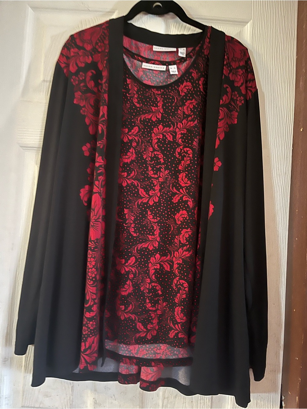 Susan Graver Liquid Knit Cardigan & Tank Twinset XL Red Black Damask Like New